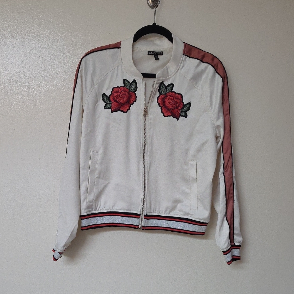 Express White Bomber Jacket with Pink Accent Stripes and Red Rose Embroidery